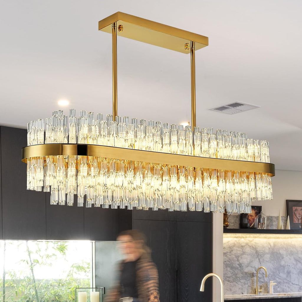 Modern Crystal Chandelier 20 Lights Gold Rectangle 2 Tiers Raindrop Chandelier Luxury Adjustable Flush Mount Oval