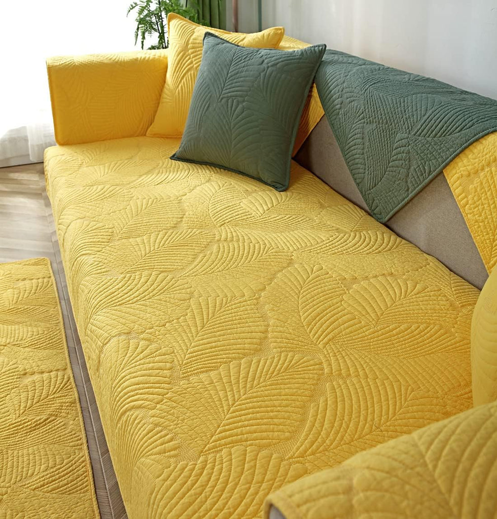 Solid Color Leaf Cotton Quilted Sofa Covers Anti-Slip Soft Sectional Couch Cover Washable Sofa Slipcover for Dogs