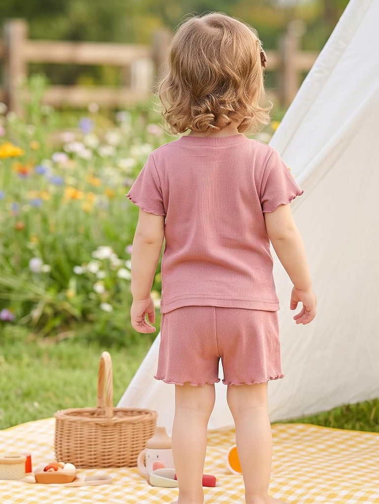 Toddler Baby Girl Clothes Outfits,Summer Ruffle Ribbed Flower T Shirt Shorts Set Clothes for Girls
