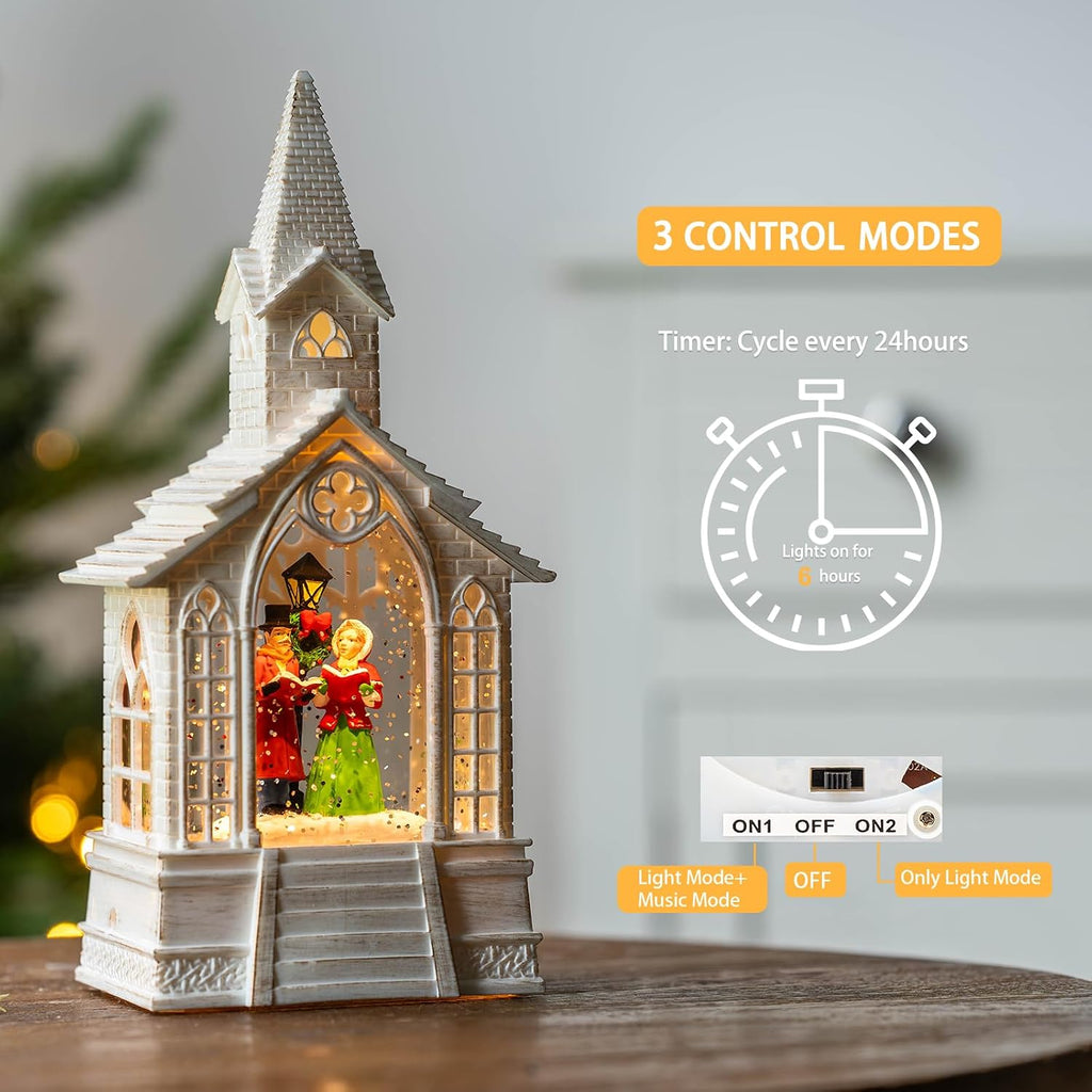 Christmas Snow Globe Lantern Musical Carolers Lighted Water Church, USB Lined/Battery Operated Lighted Lantern