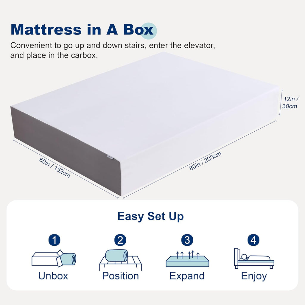 Memory Foam Mattress, Soft Plush Feel, Breathable, 12 Inch, Queen, White/Grey