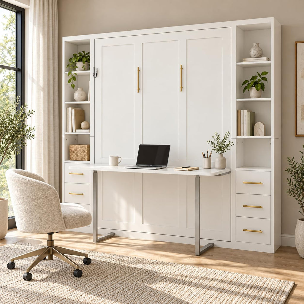 Murphy Bed with Desk Queen Foldable Wall Bed with Side Storage Cabinets