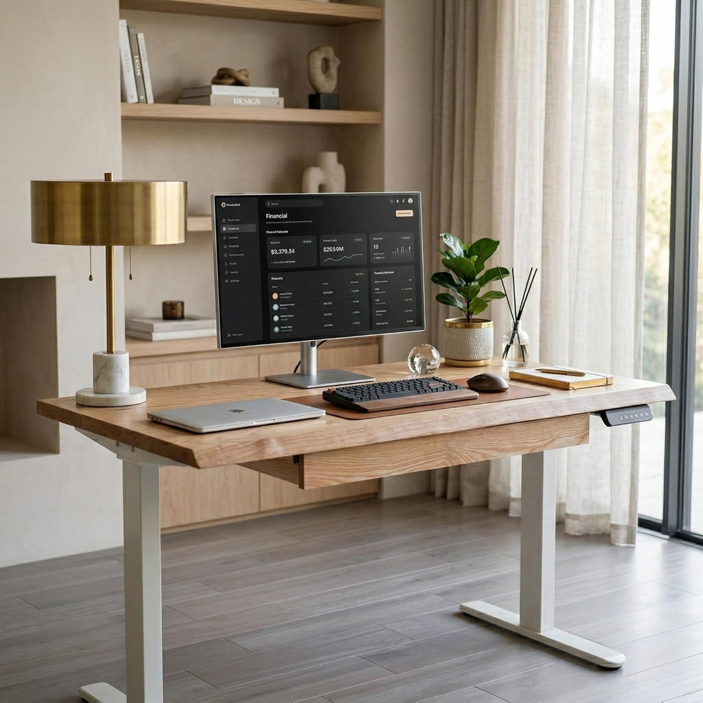 White Oak Solid Wood Standing Desk with Drawer, 60x27 | Live Edge Sit Stand Desk with Electric Adjustable Height Dual