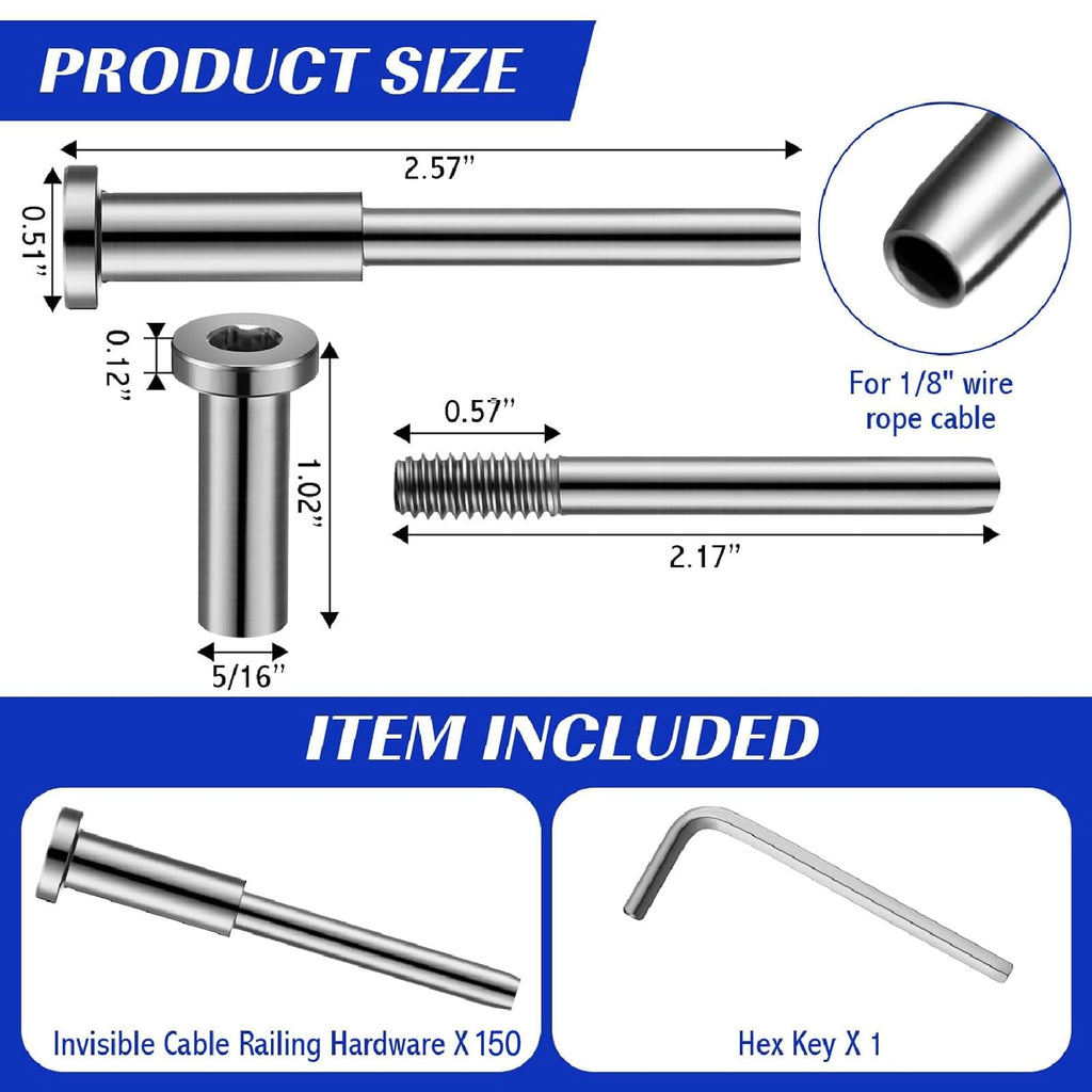 150 Pack 3/16" Stainless Steel Cable Railing Hardware Kit, Silver