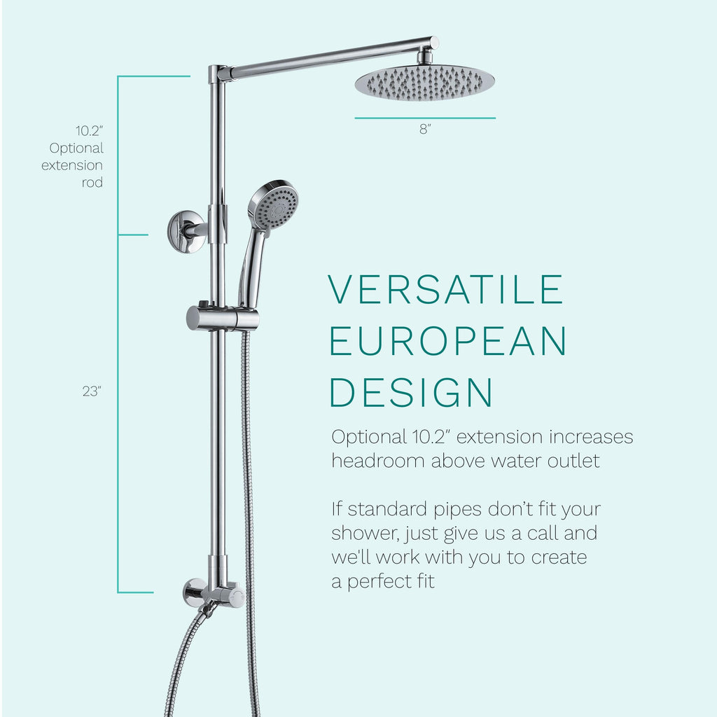 Polaris 3 Retrofit Rain Shower System, 3-Setting Handheld Shower Combo with Slide Bar, 8" Low Profile Shower Head