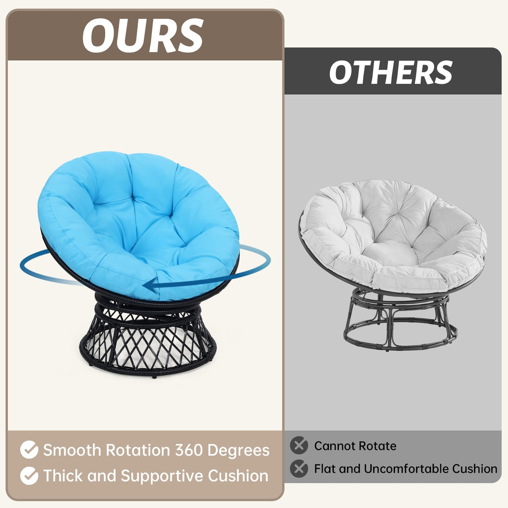 40" Ergonomic Wicker Papasan Chair, Black Frame with Blue Cushion