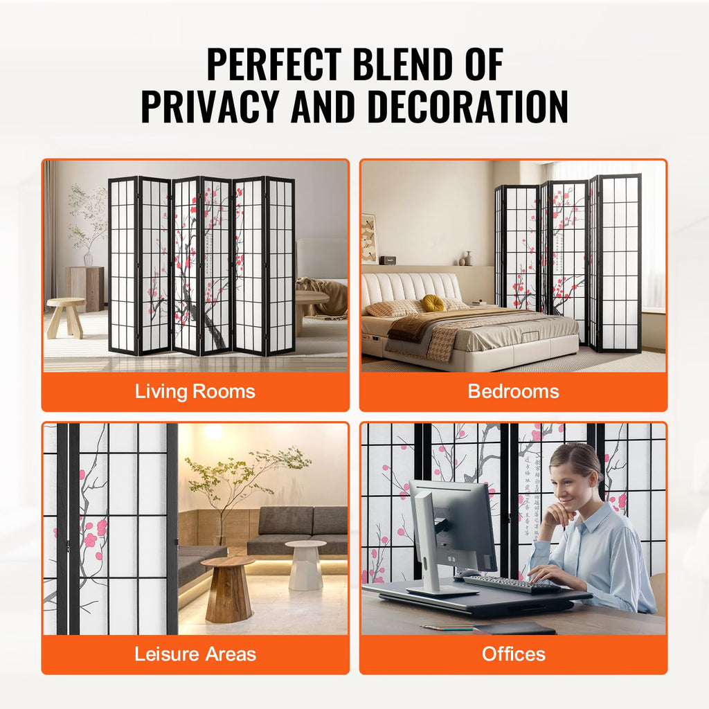 Room Divider, 6 Panel Japanese Room Divider Screen, Wood Folding Privacy Screen Indoor, Japanese Partition Portable