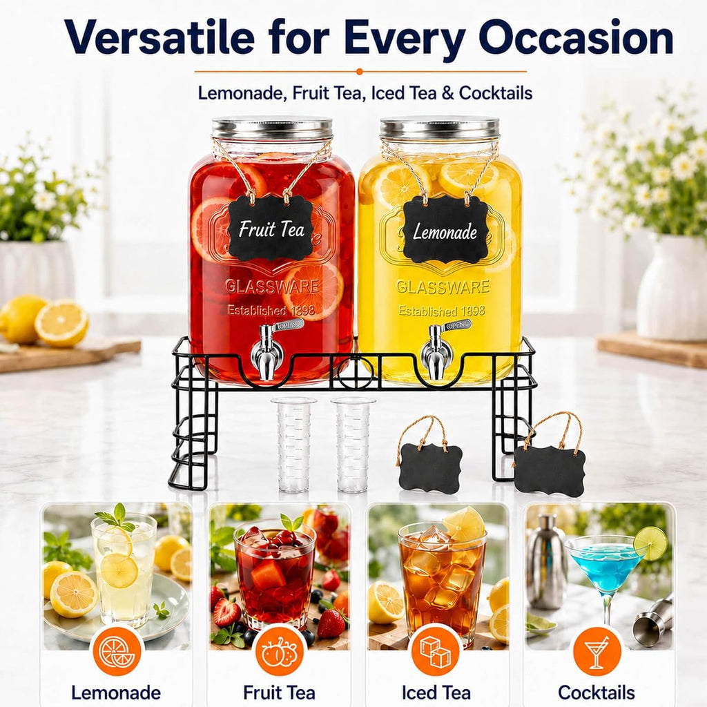 Gallon Glass Drink Dispenser, 2 Pack with Stand for Parties - Set of 2