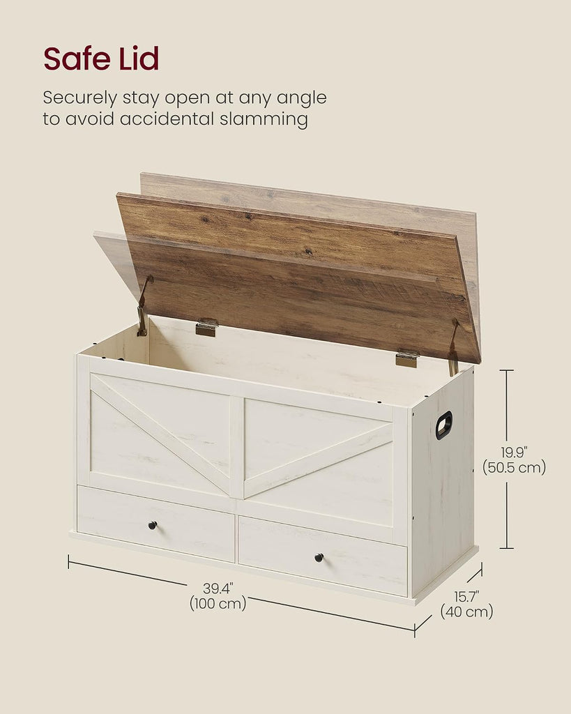 Storage Chest, Storage Bench with 2 Fabric Drawers, Farmhouse Style, 15.7 x 39.4 x 19.9 Inches, Rustic White and