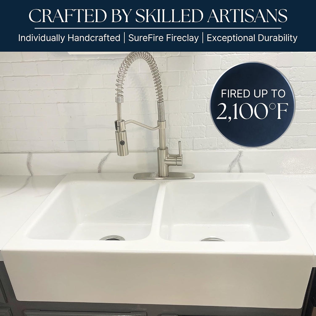 Parker 34 in White Fireclay Farmhouse Sink, Double Bowl | Quick-Fit drop-in apron front, no countertop removal
