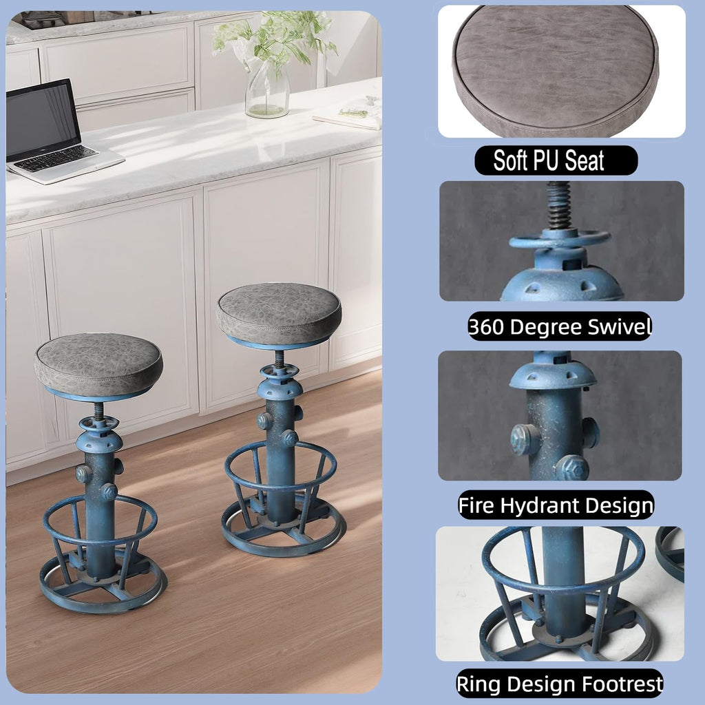 Industrial Bar Stool with Cushioned PU Seat 24.8-30.3inch Height Adjustable Vintage Counter Stools Island Farmhouse