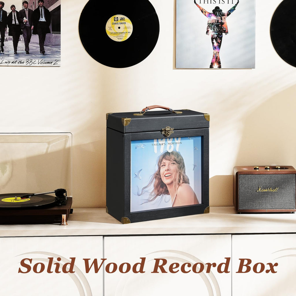 Vinyl Record Storage, Solid Wood Vinyl Record Box with Display Window Fits Standard Records- 7/10 Inch, (Upgrade