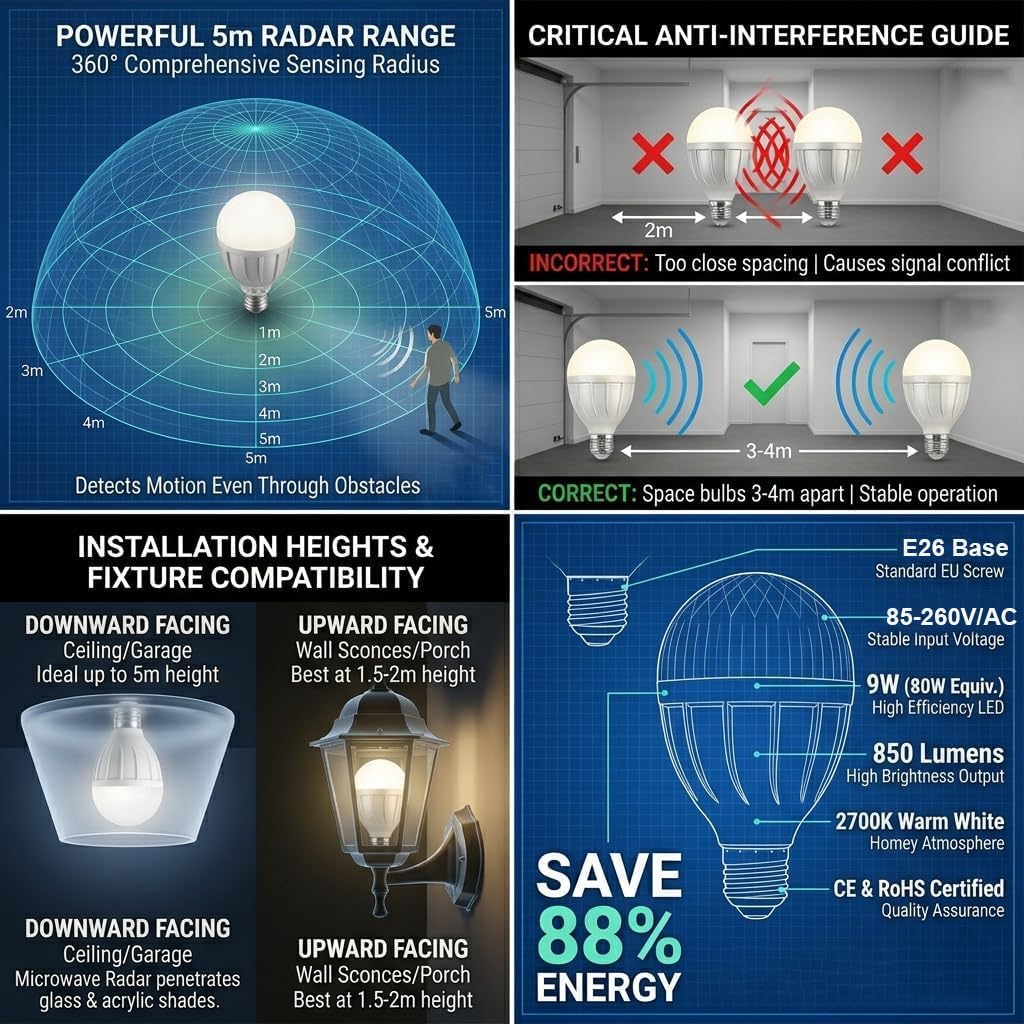 Radar Motion Sensor Light Bulb,R80 9W 2700K Warm,E26 Auto On/Off
