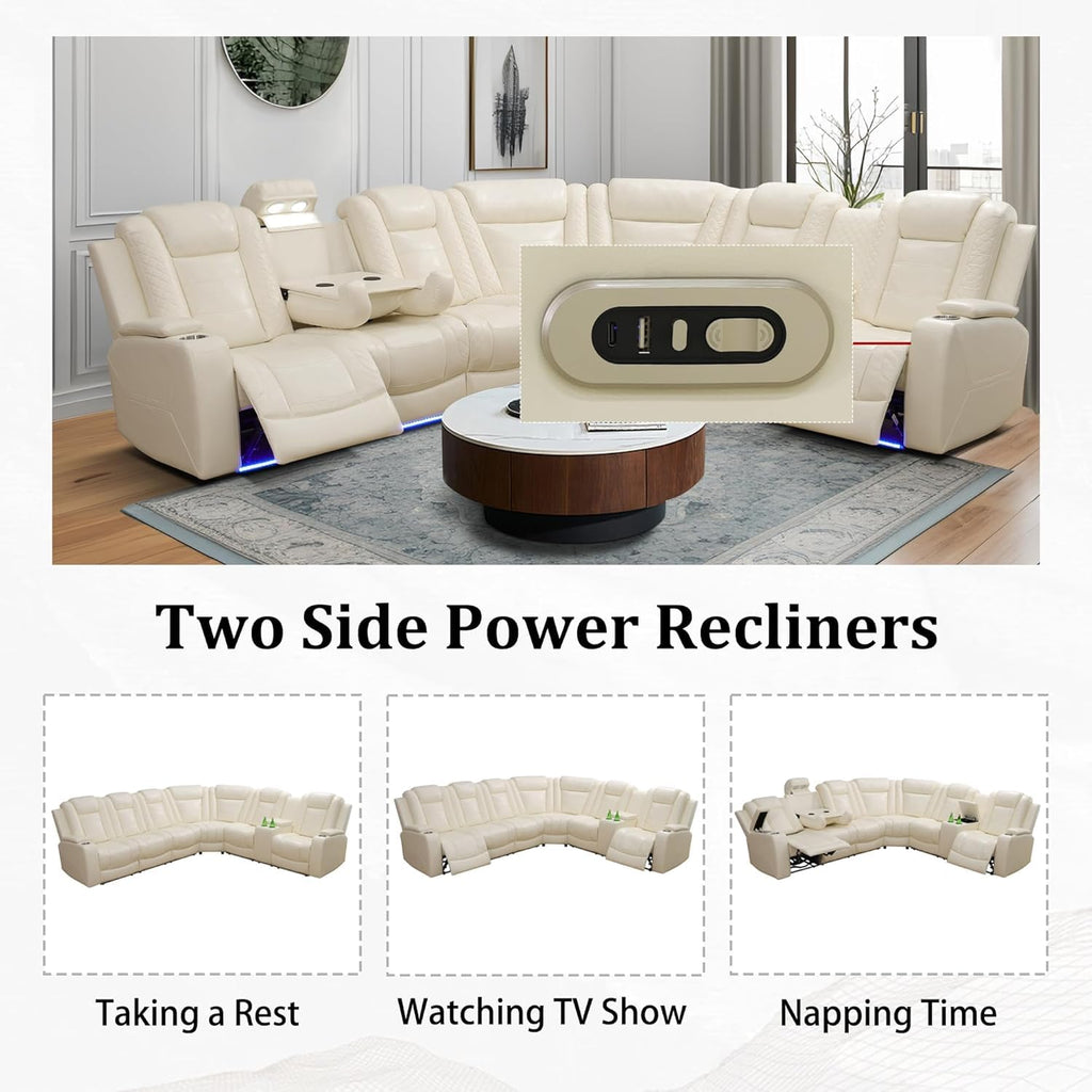 Power Recliner Sectional Sofa, Breathing Leather Reclining Sectional Couches Furnitures Sets with Cup Holder/USB