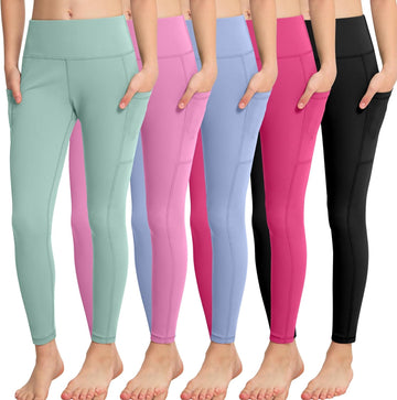 Girls' Athletic Leggings with Pockets, 5 Packs Kids Teen Dance Yoga Workout Running Pants