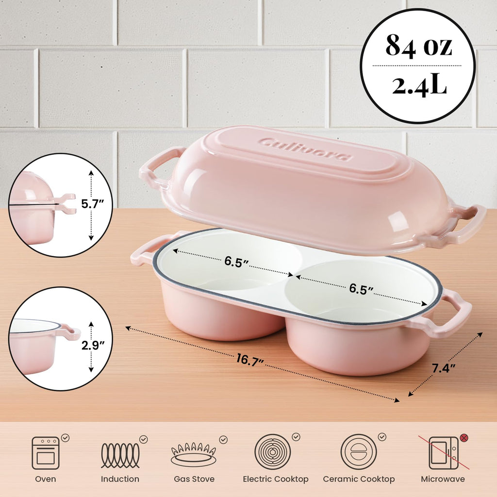 Cast Iron Double Dutch Oven, Mini Enamel Sourdough Bread Pan with Lid, Pink