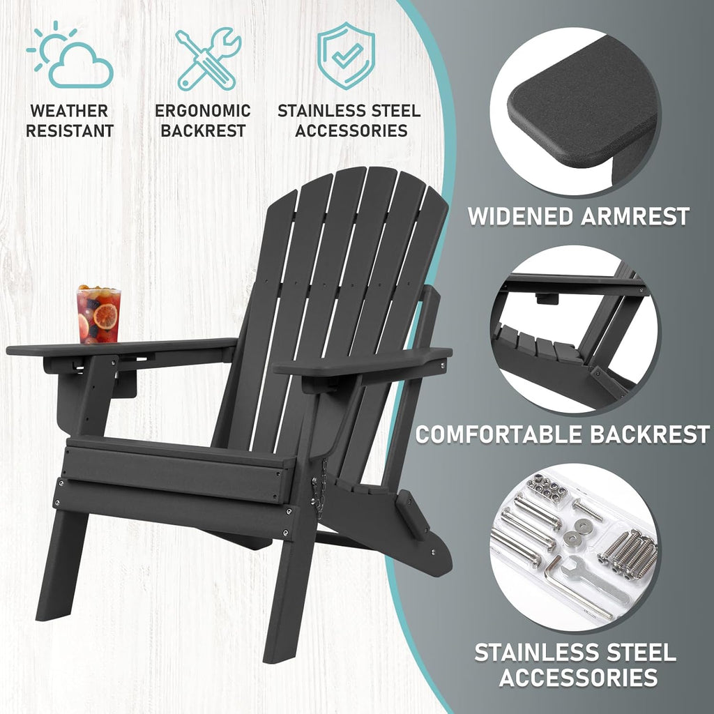 Folding Adirondack Chair with Adjustable Backrest, Fire Pit Chairs | 3-Position Adjustable Back, HDPE All Weather, No