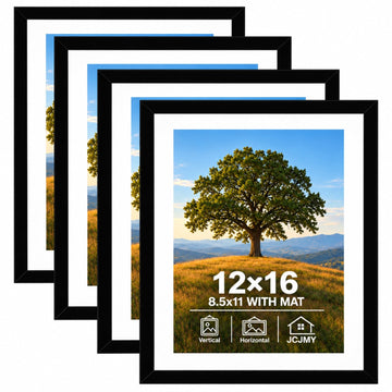 12x16 Picture Frame Set of 4 with 8.5x11 Mat, Black 12 x 16 Poster Frames with Shatter Resistant Plexiglass, Display