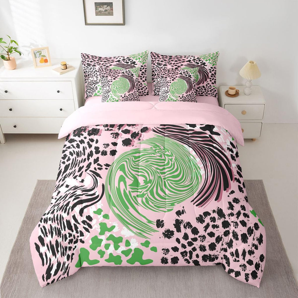 Animal Print Queen Bedding Set Pink Green Black Zebra Leopard Print Comforter Set Girl Women Abstract Swirl 7-Piece