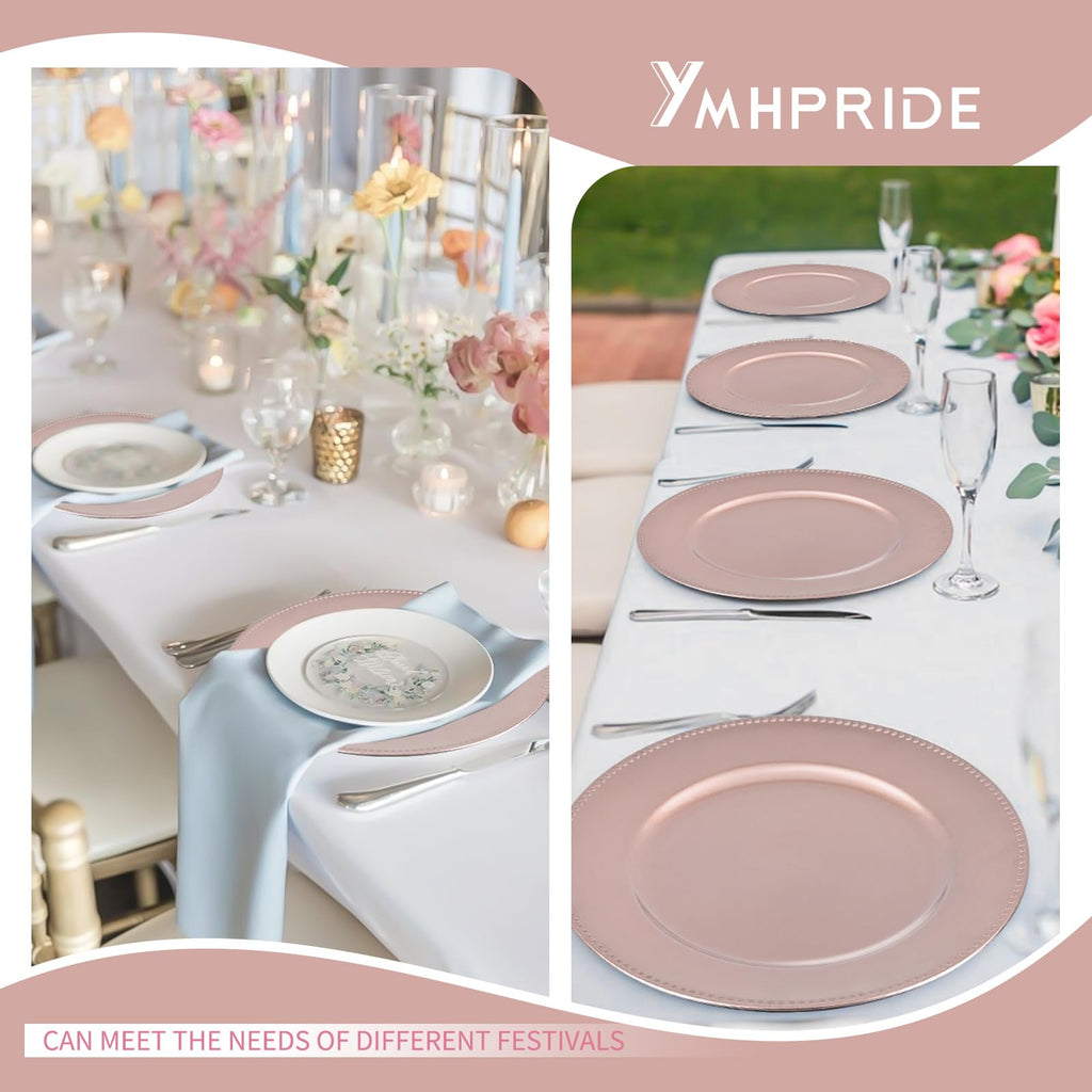 60 Pack Rose Gold Charger Plates, 13'' Round Beaded Plastic Plate