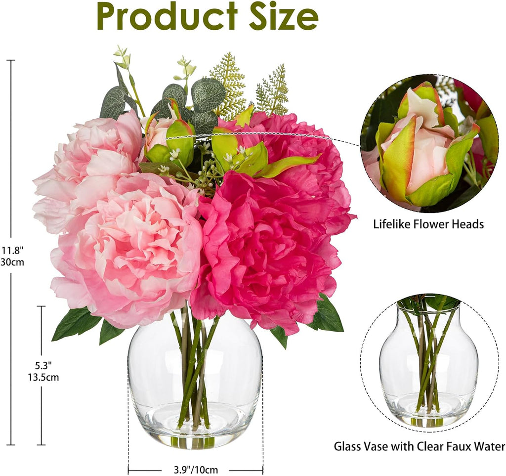 Fake Flower Arrangements in Vase Pink Peonies Artificial Flowers Peony Bouquet Silk Floral Flower with Glass Vase - Set of 4