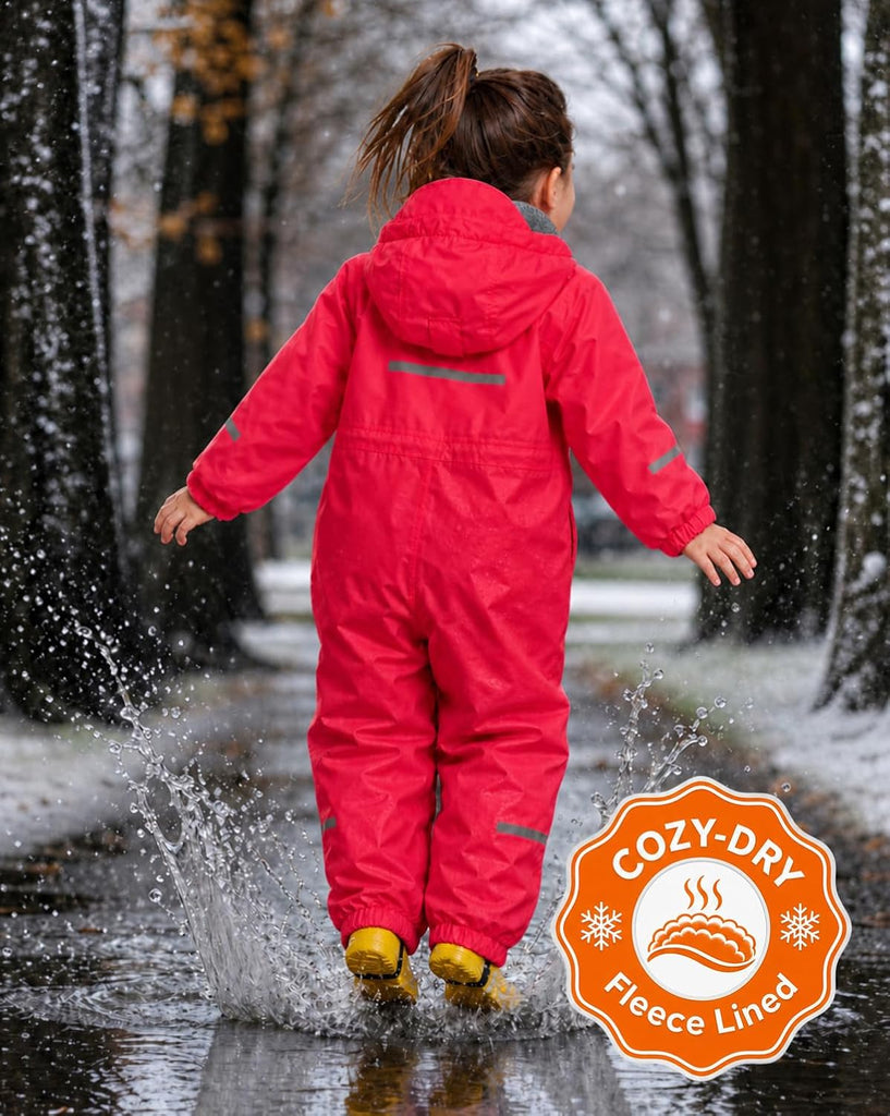 Kids Fleece Lined Rain Suit - One Piece Muddy Buddy for Toddler Boys Girls, Full Body Raincoat for Autumn