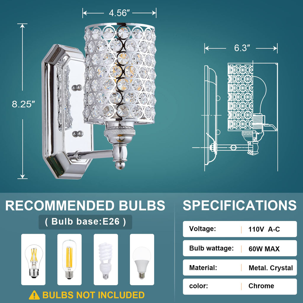 Polyhedral Crystal Wall Sconce Chrome Dry&Wet Dual Use 1 Light 2 Pack UL Certified