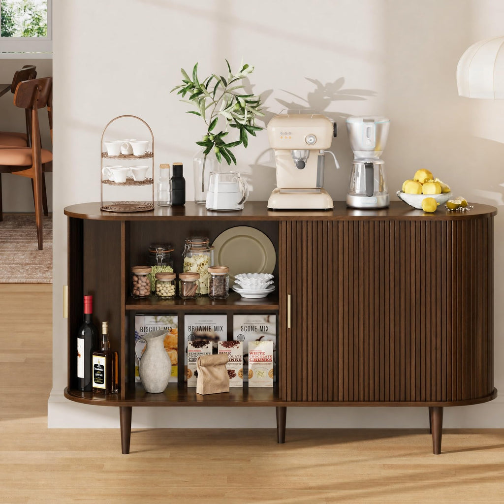 Sideboard Buffet Cabinet with Storage, Mid Century Modern Fluted Accent Coffee Bar Console Table, Tambour Sliding