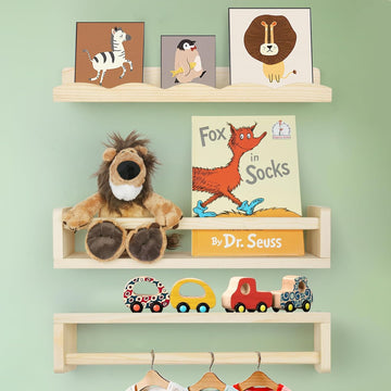 Floating Book Shelves for Wall, 16.5" Natural Wood Nursery Shelves for Book Storage, Solid Pine Wooden Floating Wall