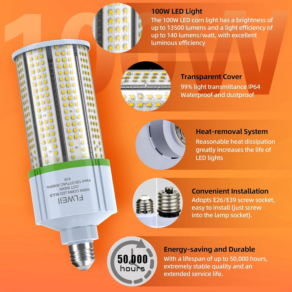 100W LED Corn Light Bulb, E26/E39 led Bulb Large Mogul Base, 110/277v 5000K Daylight White Lamp, 13500 Lumen