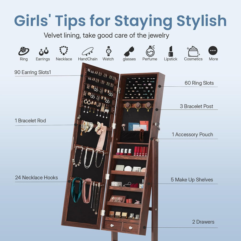 Freestanding Jewelry Organizer Cabinet with Full Length Mirror