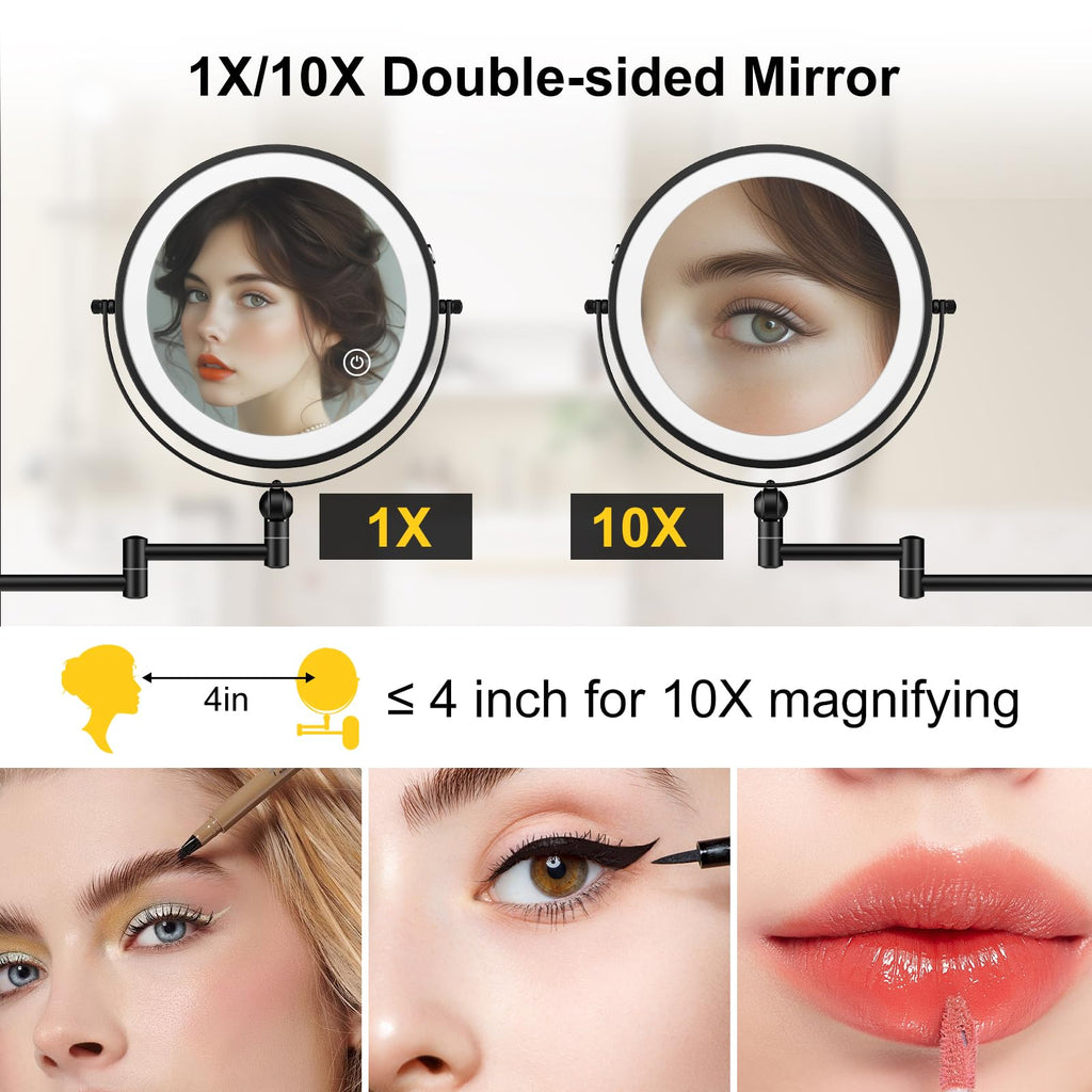 9" Wall Mounted Lighted Makeup Mirror,4000mAh Rechargeable Double Sided 1X/10X Magnifying Mirror with Light,3 Color