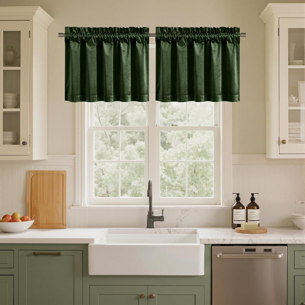Velvet Cafe Windows Valance, Olive Green Window Treatment, Privacy Protection Home Decoration, W52 x L18, 1 Panel
