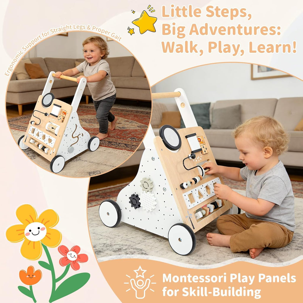 Wooden Baby Walker for Toddlers 1-3, Adjustable Height Montessori Push Toy with in-1 Activity Center, Baby Push