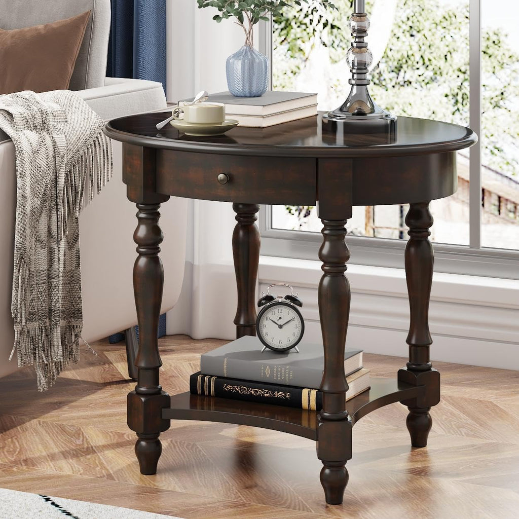 Oval Round End Table with Drawer, 2-Tier Solid Wood End Tables, Victorian Antique Nightstand Bedside Table Office