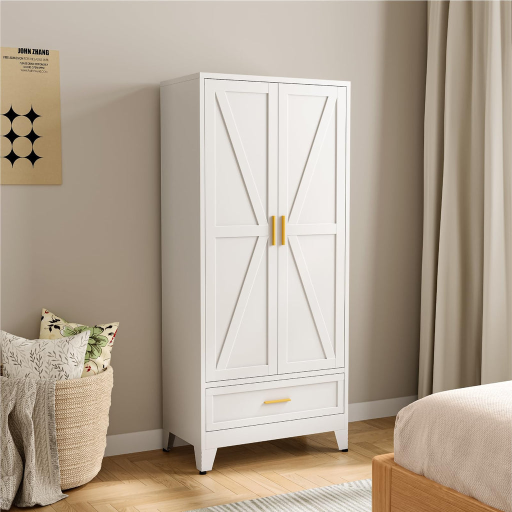 71" Metal Armoire Wardrobe Closet with Hanging Rod, White-X 1 Drawer