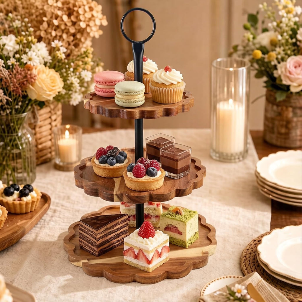3 Tier Cupcake Stand Scalloped Wooden Dessert Display Stand Brown Tiered Serving Tray for Wedding Birthday Bridal