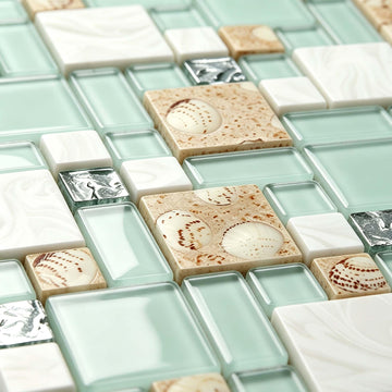 Glass Stone Mosaic Tile, Green Lake & White, 5 Sq Ft