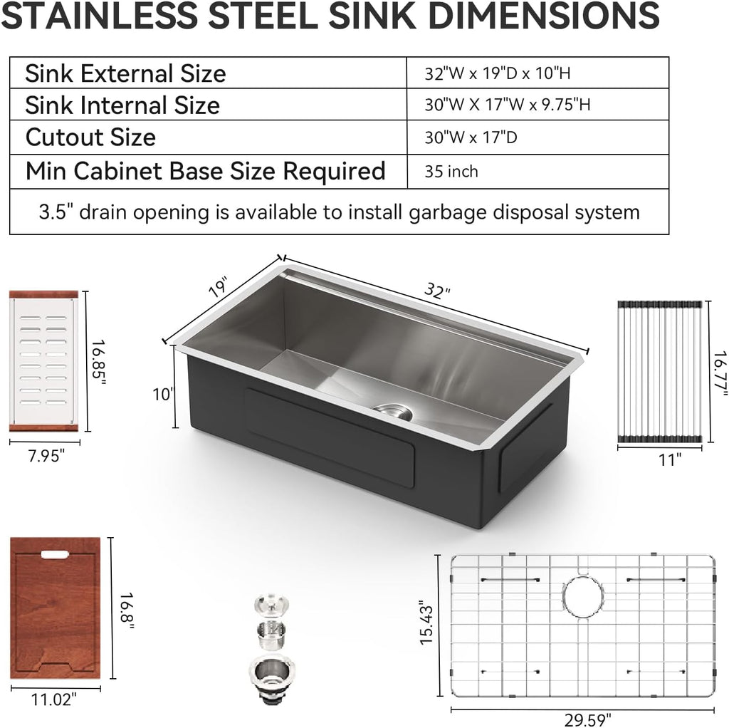 32 Undermount Kitchen Sink 32x19 Inch Stainless Steel Kitchen Sinks Ledge Workstation 16 Gauge Single Bowl Under