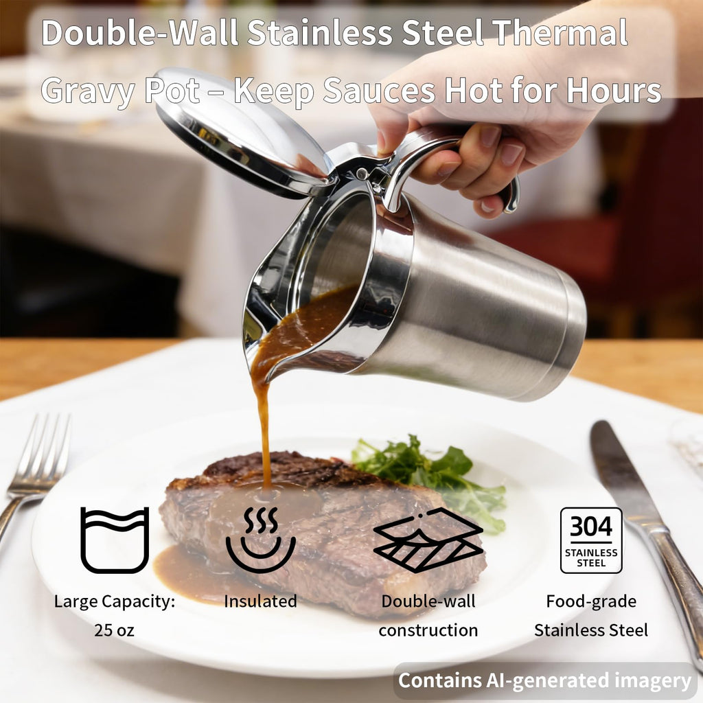 25 Oz Stainless Steel Thermal Gravy Boat with Lid