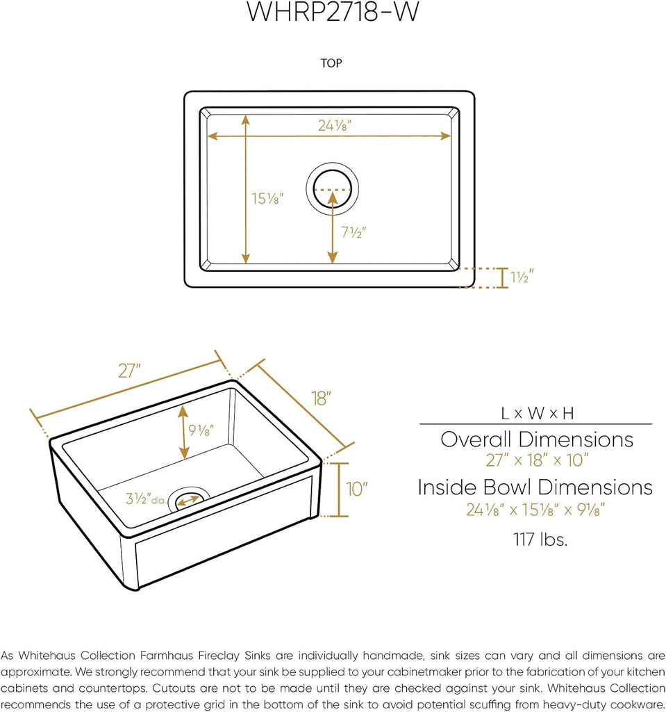 Kitchen Sink, 27" Reversible Single Bowl Fireclay Sink with Three Edge Frame, Plain Front Apron, Gloss White Finish