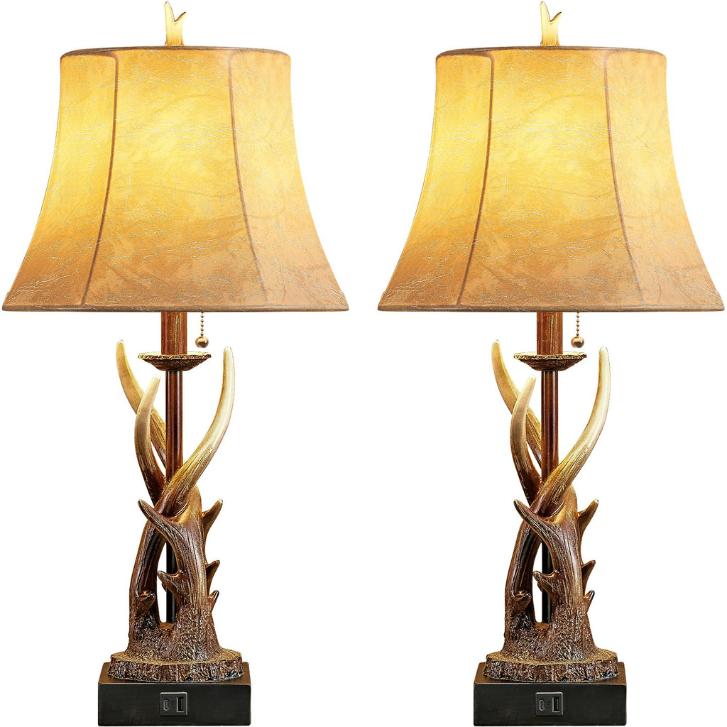 Antler Table Lamps Set of 2 with USB A+C Ports Farmhouse Deer Rustic Bedside Lamps with Faux Leather Bell Shade End