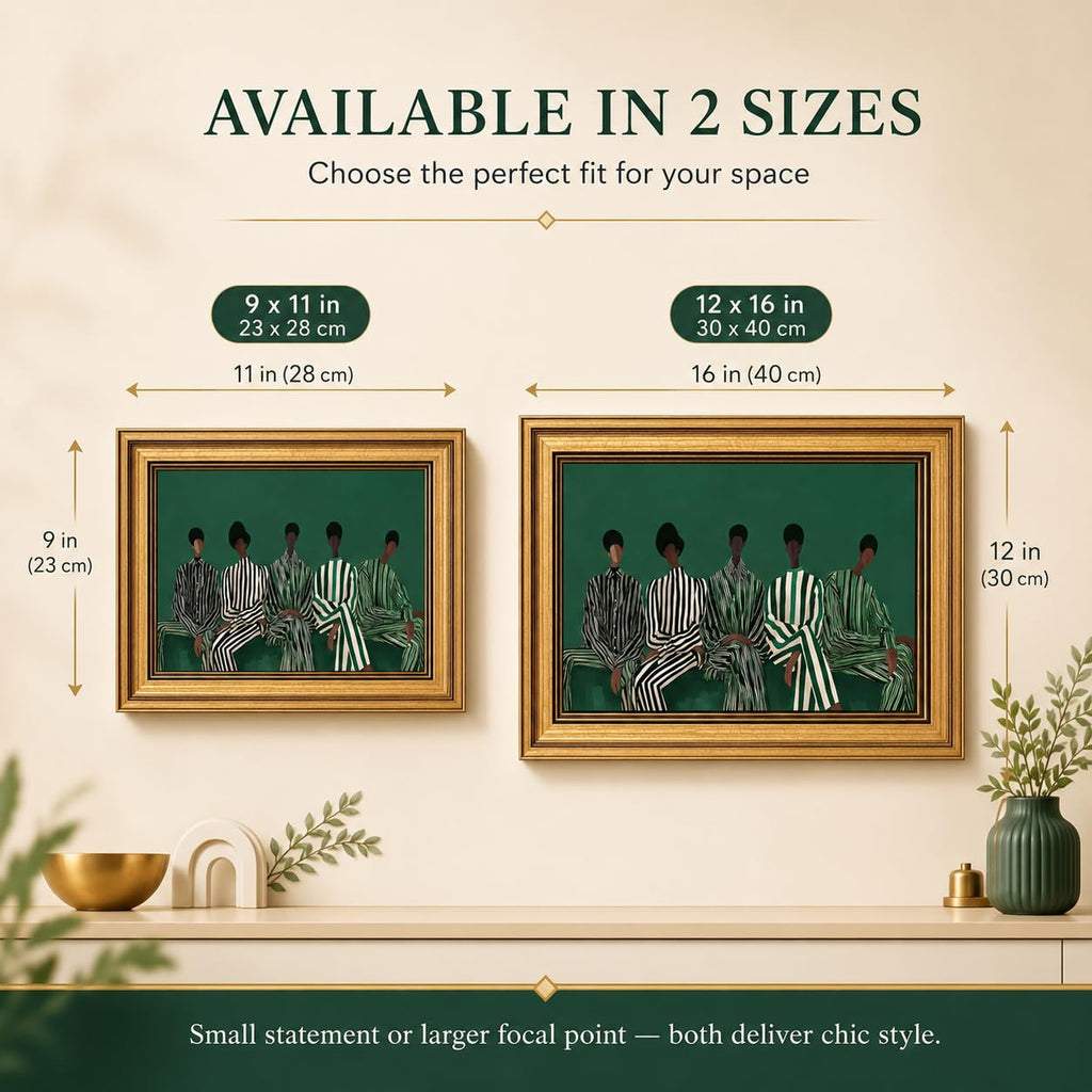 Gold Framed African American Wall Art Green White Striped Black People Canvas Print Modern Afrocentric Wall Decor
