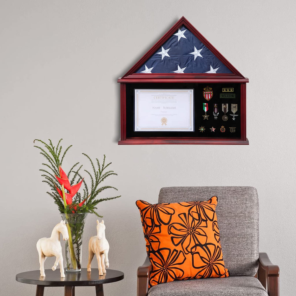 Large Military Shadow Box with Flag Display Case, Mahogany