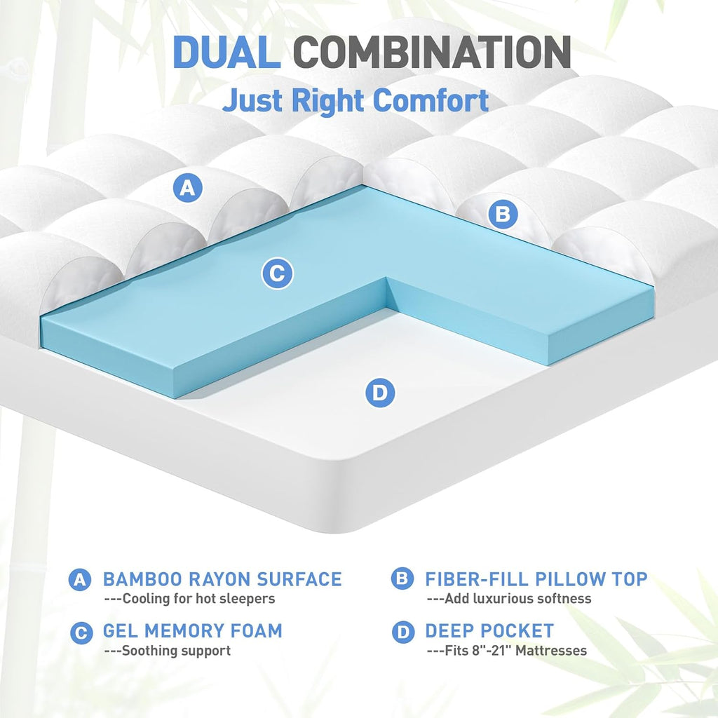 Dual Layer 3 Inch Memory Foam Mattress Topper Full Size, 2 Inch Cooling Gel Memory Foam Plus 1 Inch Down Alternative