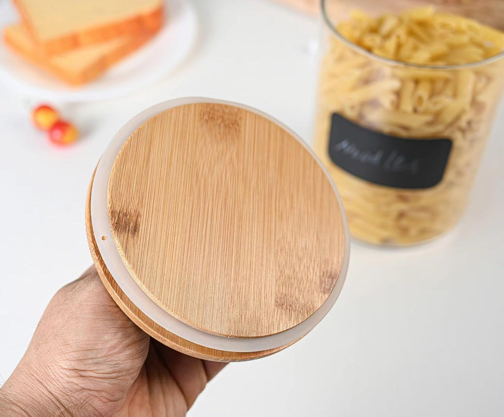 Glass Canisters Counter with Airtight Bamboo Lids + Marker & Labels - 68oz. Large Cookie Jars Wooden Lid - Set of 2
