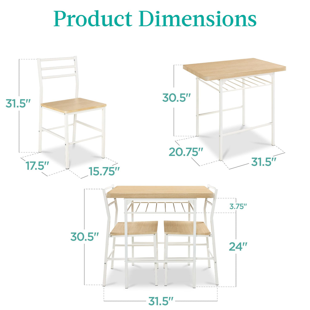 3-Piece Modern Dining Set, Space Saving Dinette, Small Space w/Steel Frame, Built-in Storage Rack - Natural/White