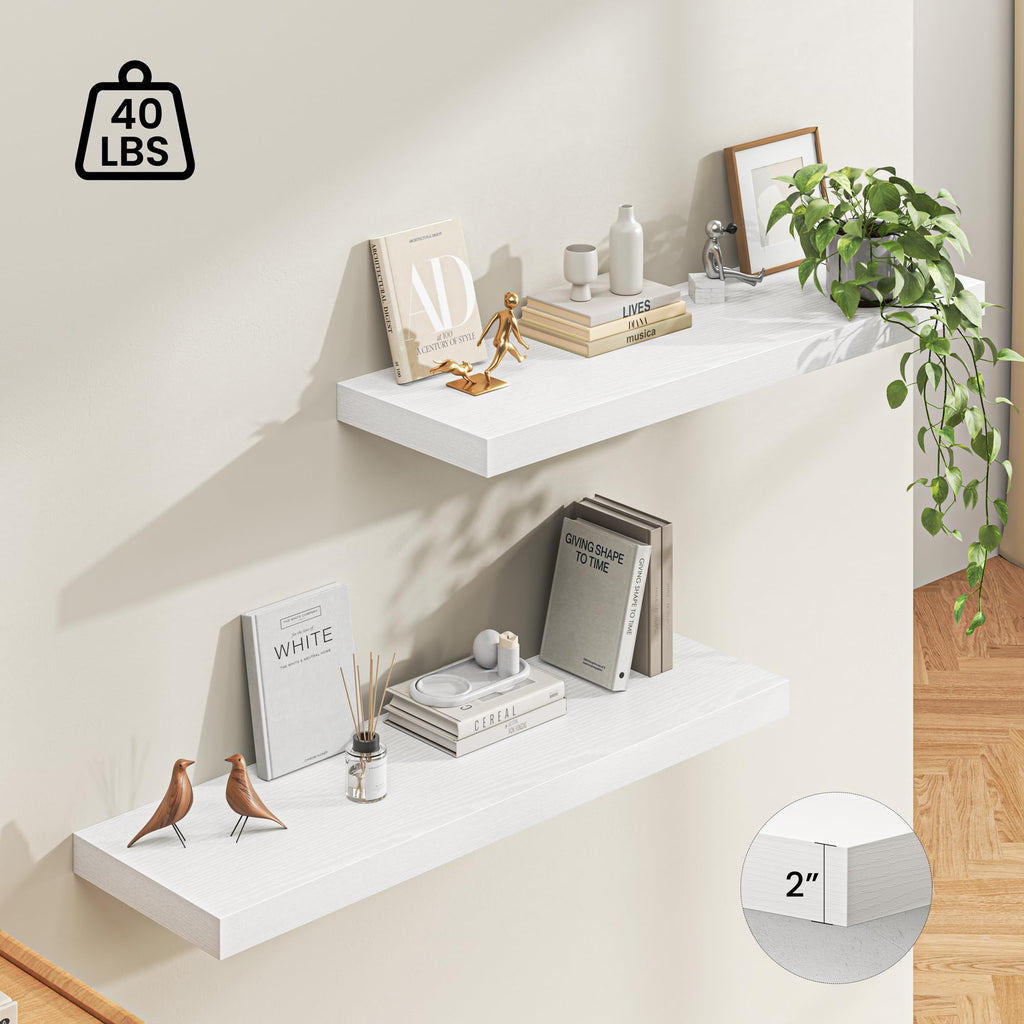 48" Floating Shelves for Wall, 12" Deep Thicker White Floating Shelves, Wall-Mounted Shelves - Set of 2