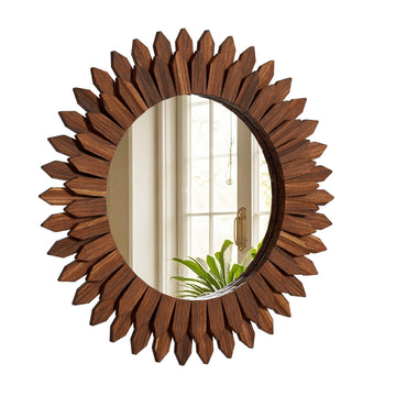 28" Walnut Round Sunburst Wooden Mirror Boho Rustic Wall Decor