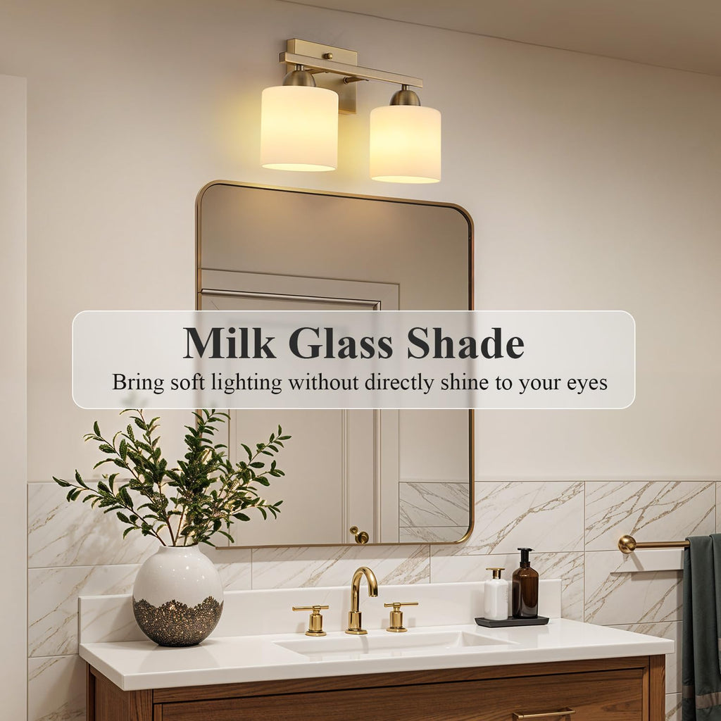 Milk Glass Vanity Lights, 2 Light Antique Matte Brass Bathroom Vanity Light Fixtures Over Mirror, Ceramic E26